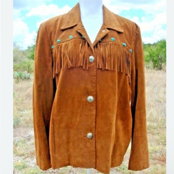 The Territory Ahead Jackets & Blazers - NWOT TERRITORY AHEAD CARAMEL BROWN 100% SUEDE LEATHER  WESTERN‎ FRINGED JACKET
